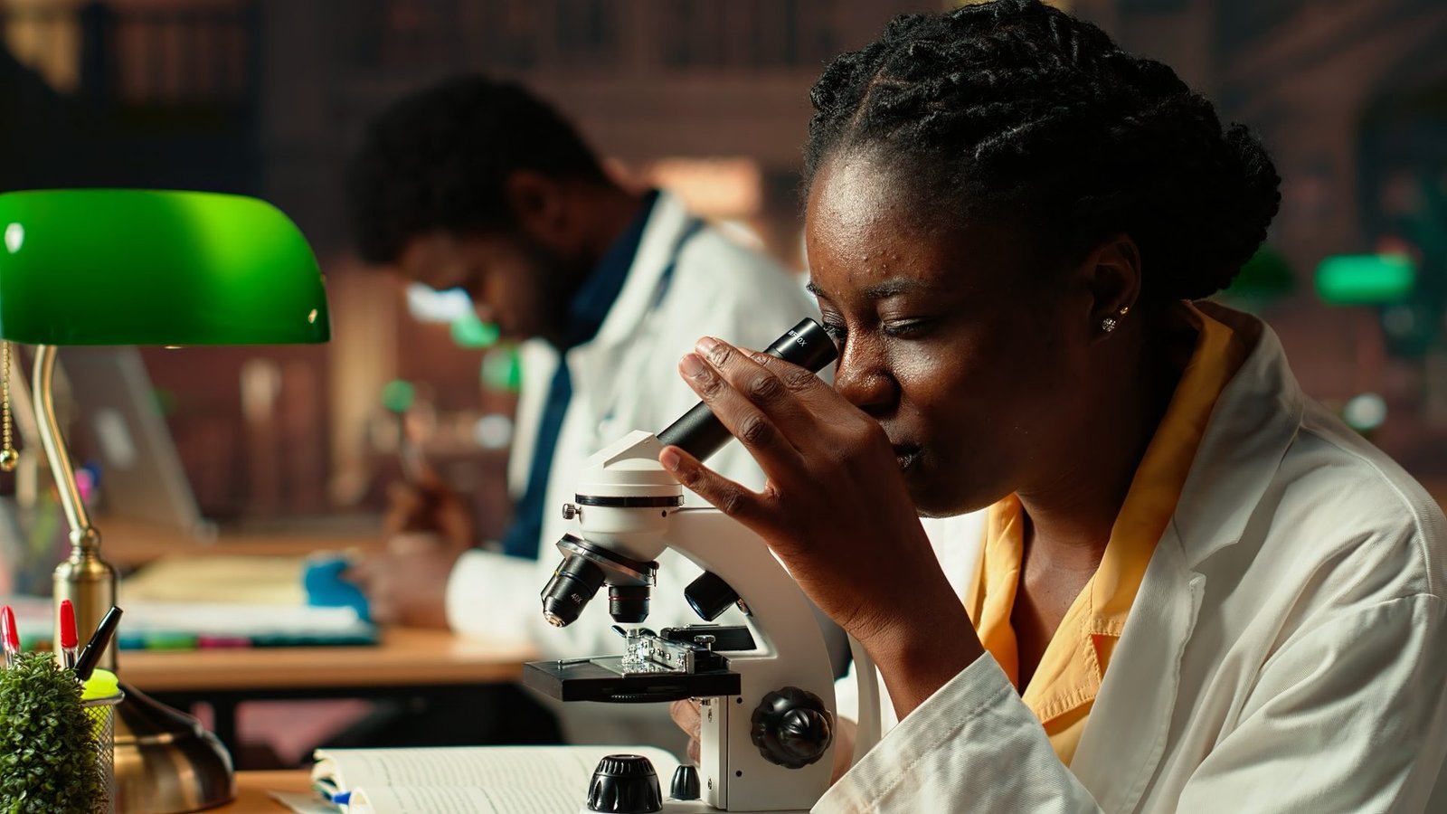 Une chercheuse observe un échantillon au microscope