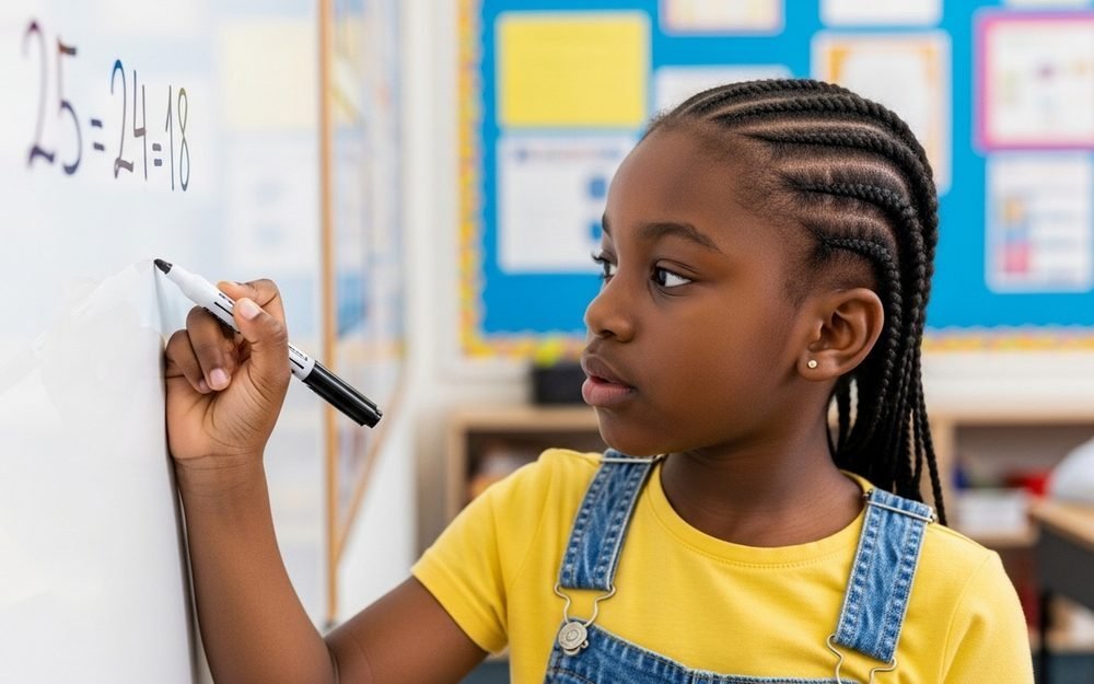 Une collégienne résout un calcul au tableau blanc