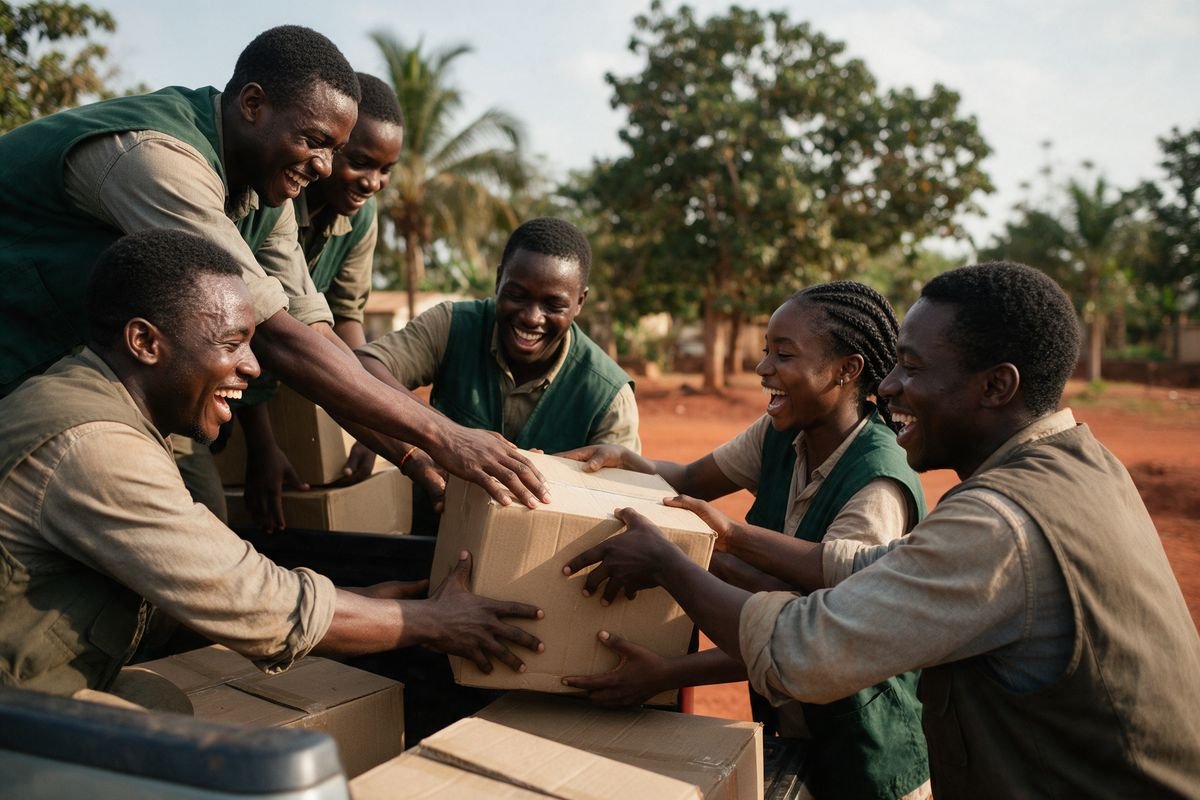 Une équipe de bénévoles décharge des cartons de matériel