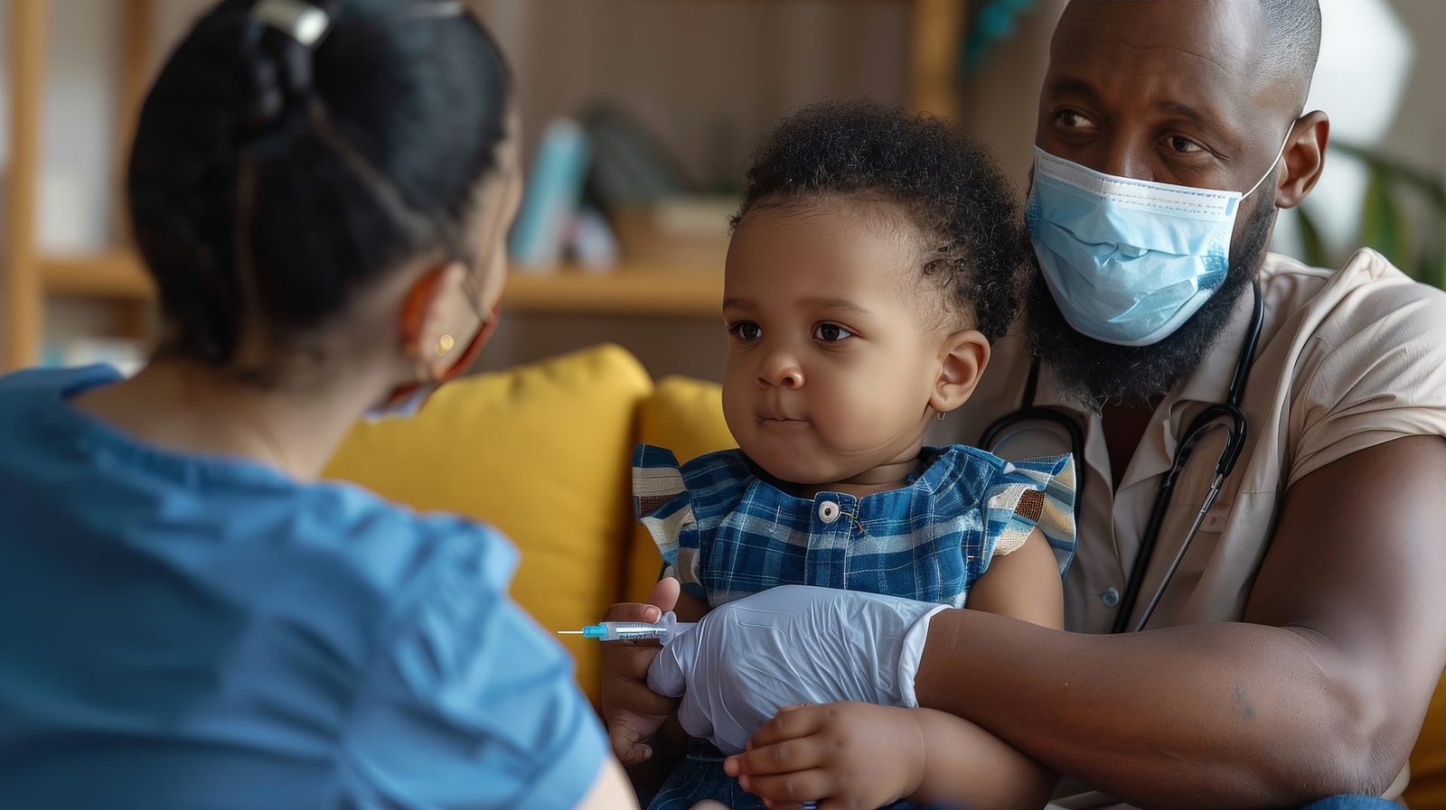 Un soignant explique une vaccination au parent qui tient son tout-petit